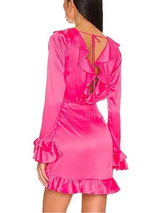 MAJORELLE Pink Satin Ruffle Wrap Nelly Mini Dress in Paradise Pink New with Tags - Picture 12 of 13